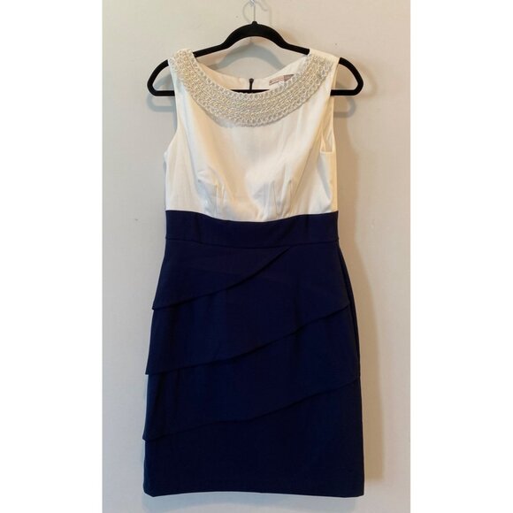 Signature Sabrina Dress Sleeveless Embellished Neckline Layered Skirt Navy White - Picture 1 of 10